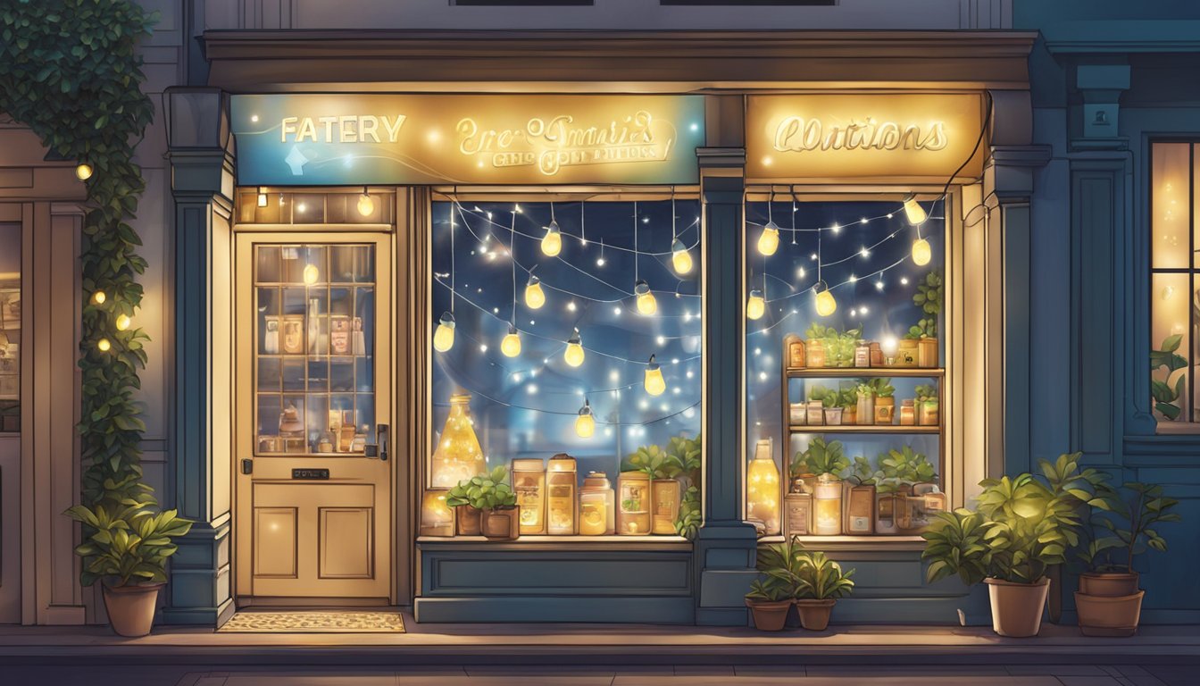 Fairy lights shine in a cozy shop window in Singapore, with a sign advertising battery-operated options