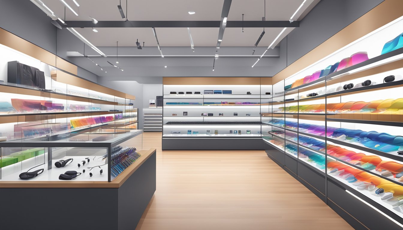 A bright, modern electronics store in Singapore displays a variety of Beats earphones on sleek, minimalist shelves