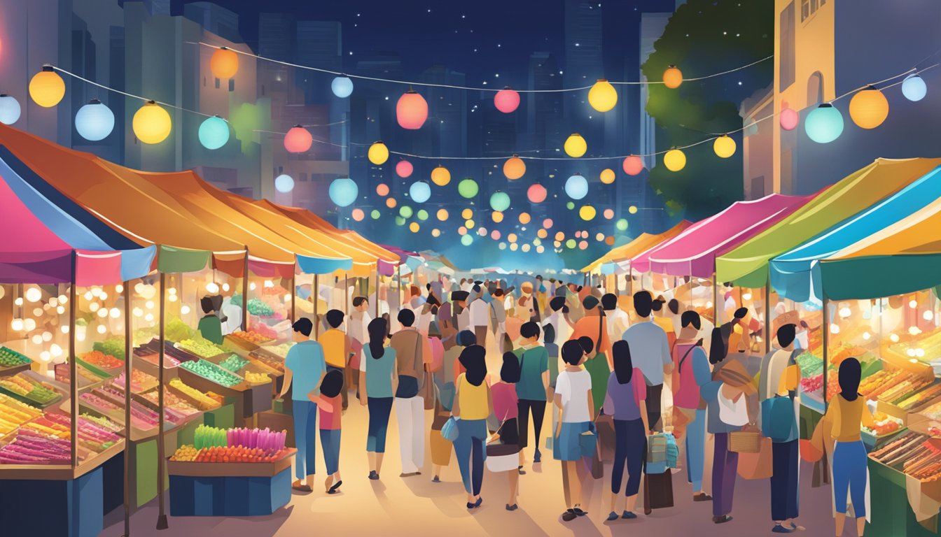 A bustling street market with colorful stalls selling battery-operated fairy lights in Singapore. Brightly lit displays attract shoppers