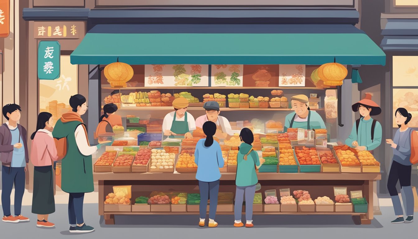 A bustling market stall with colorful displays of nian gao, surrounded by eager customers asking questions and making purchases