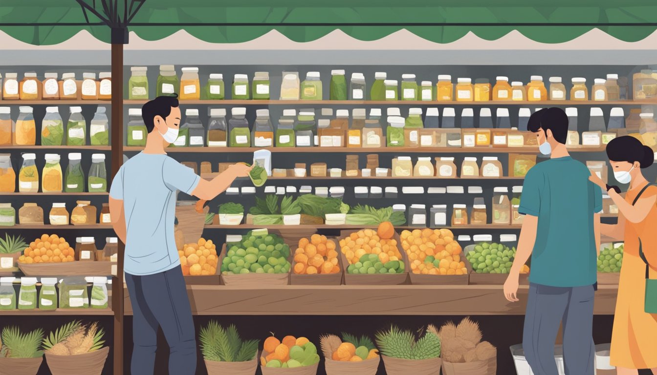 A bustling organic market in Singapore, with shelves stocked with jars of coconut oil. Customers browse the selection, while a vendor stands ready to assist