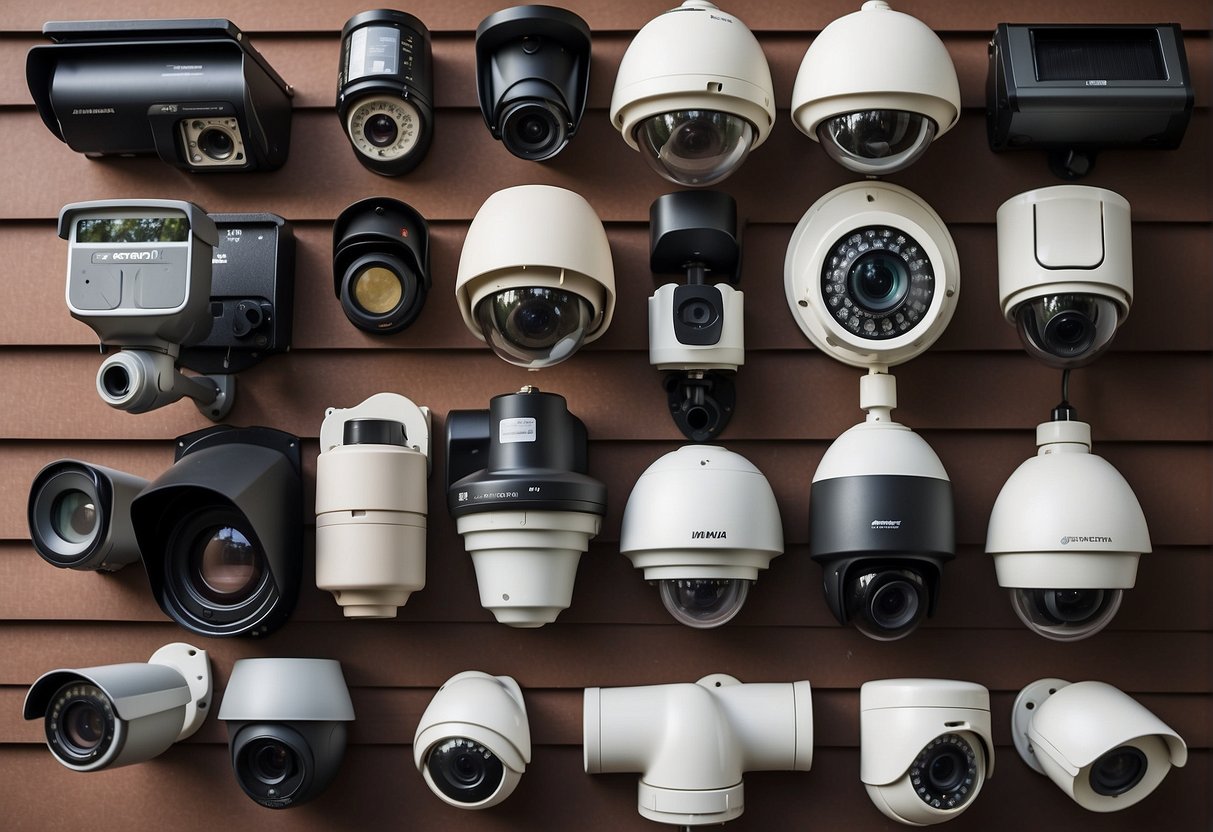 A variety of outdoor security cameras are displayed with price tags, surrounded by factors influencing their cost