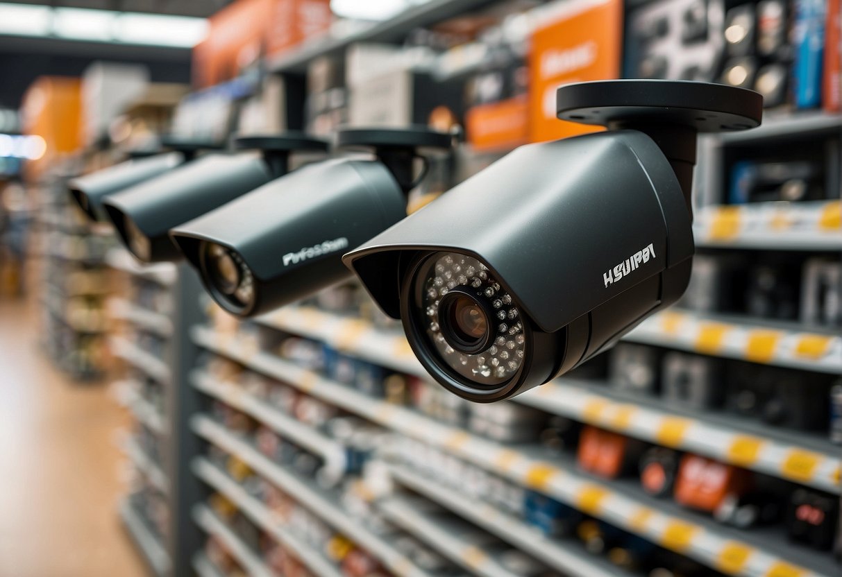 Outdoor security cameras of various prices displayed on shelves in a store. Signs indicate cost range for budget options