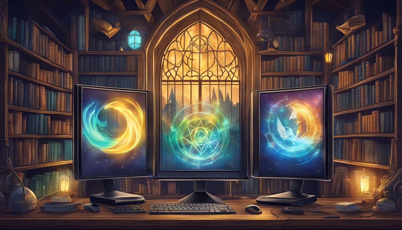 A computer screen displays the iconic Harry Potter logo, surrounded by glowing magical elements, as a sense of wonder and excitement fills the room