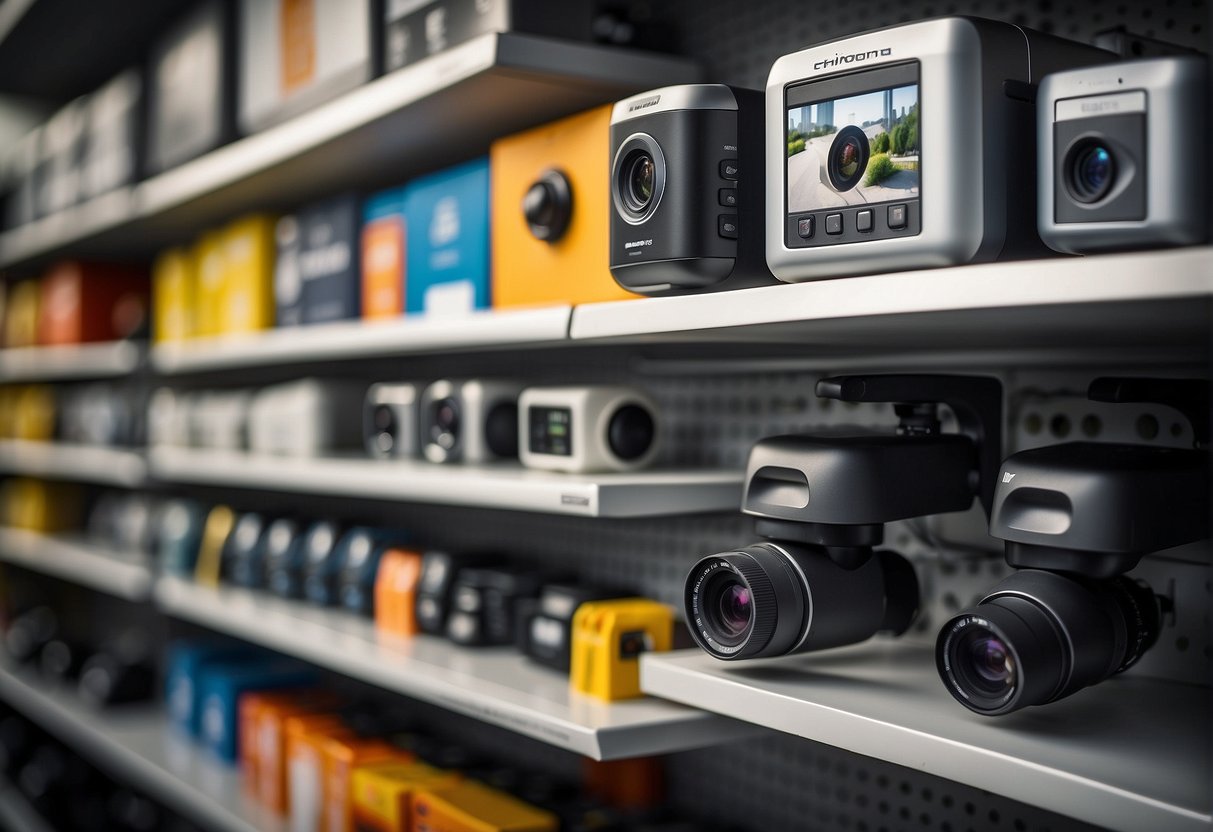 A shelf with various mid-range outdoor security cameras, price tags displayed