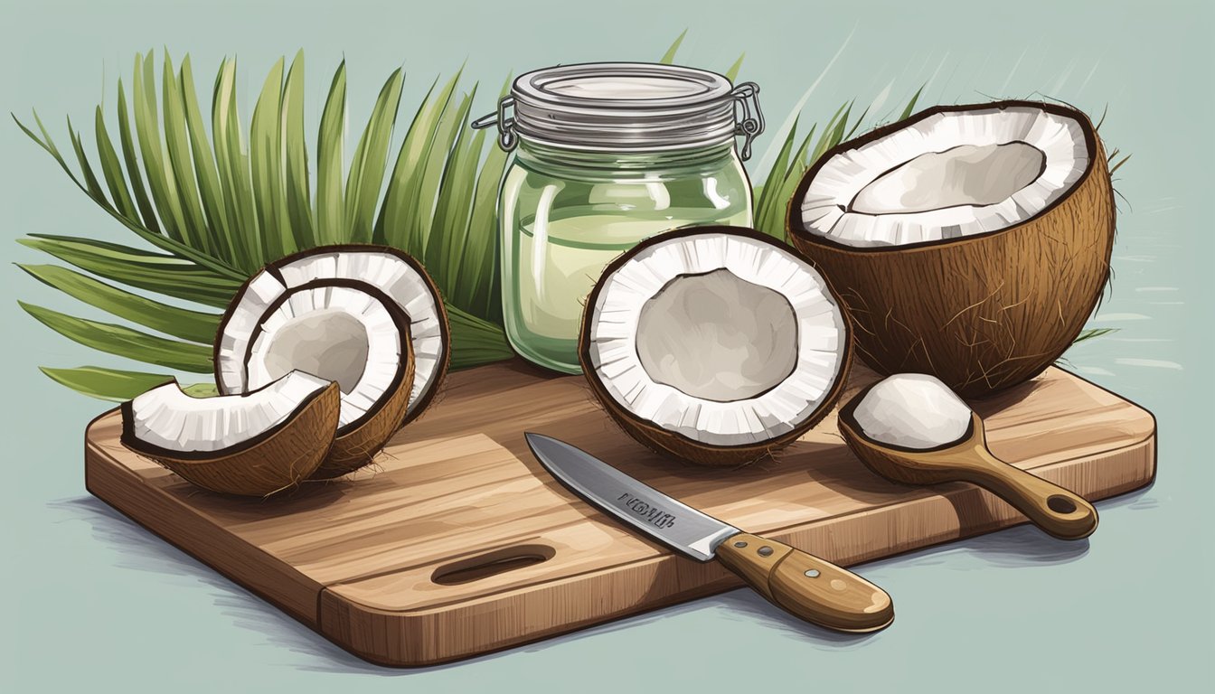 A jar of organic coconut oil sits on a kitchen countertop, surrounded by fresh coconuts, a cutting board, and a chef's knife. The label prominently displays the health and culinary benefits of the oil. Available for purchase in Singapore