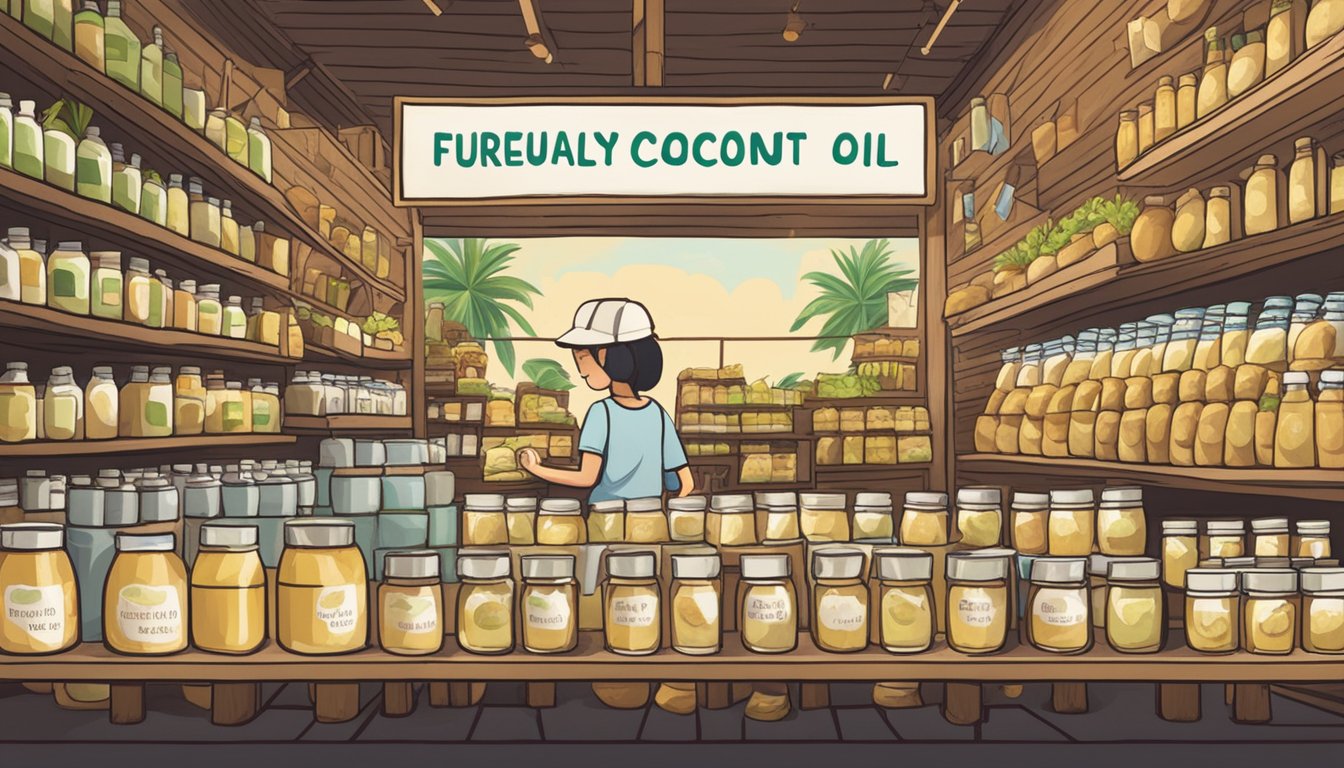 A bustling market stall filled with rows of organic coconut oil bottles, with a sign reading "Frequently Asked Questions: where to buy organic coconut oil in Singapore"