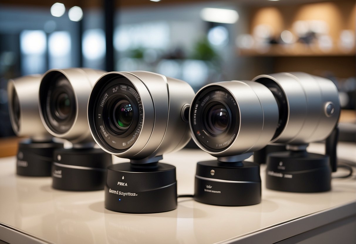 High-end cameras displayed in a sleek, modern store. Outdoor security cameras showcased with price tags. Bright lighting and clean, minimalist design