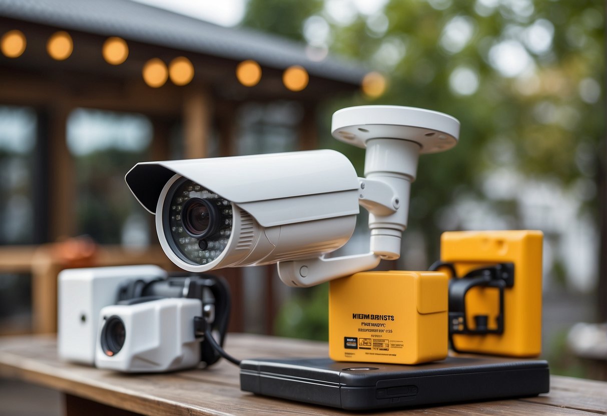 Outdoor security cameras displayed with price tags, surrounded by various accessories and installation tools. A price chart or list of potential additional expenses is visible nearby