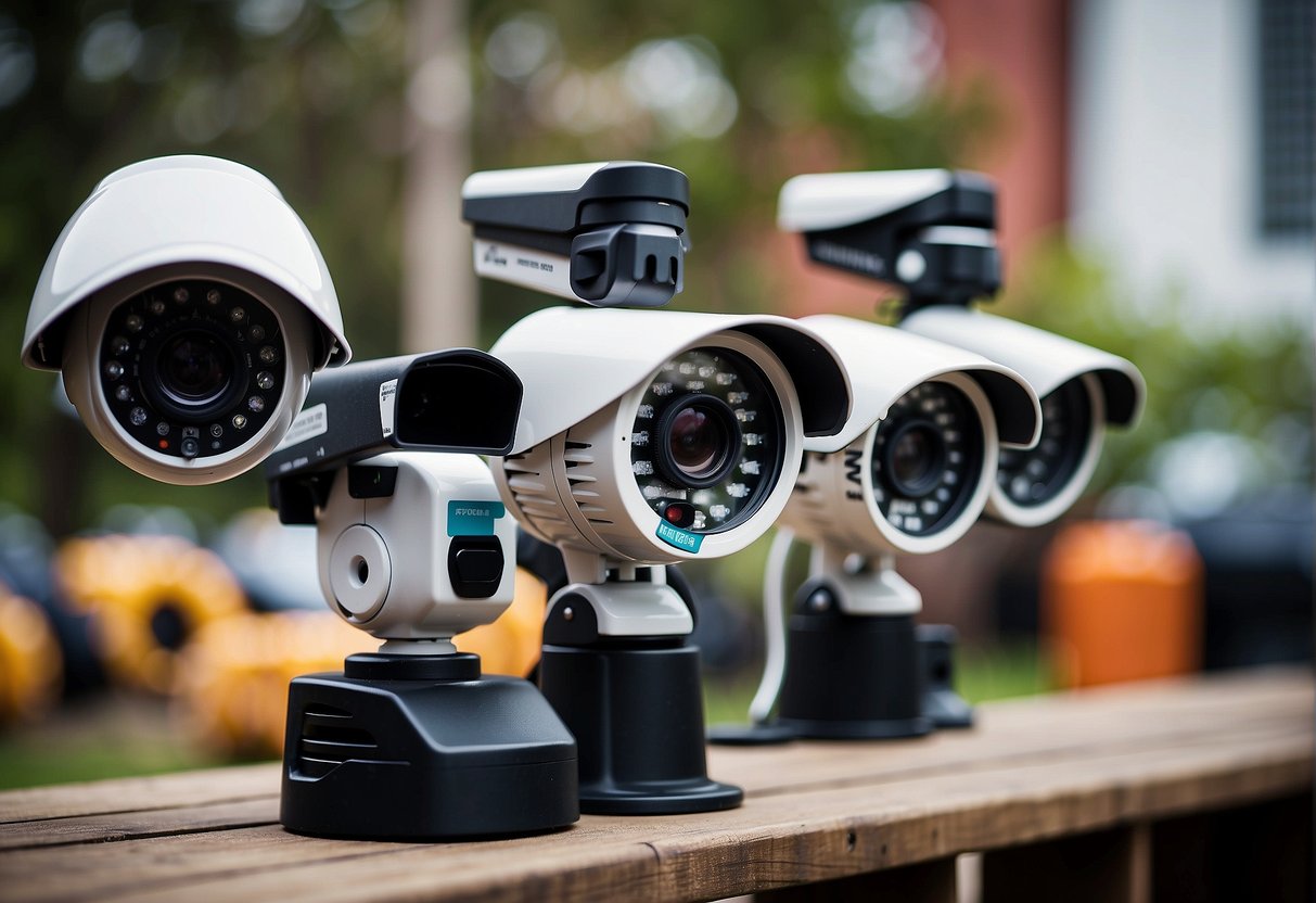 Outdoor security cameras displayed with price tags, DIY vs professional systems, surrounded by tools and equipment