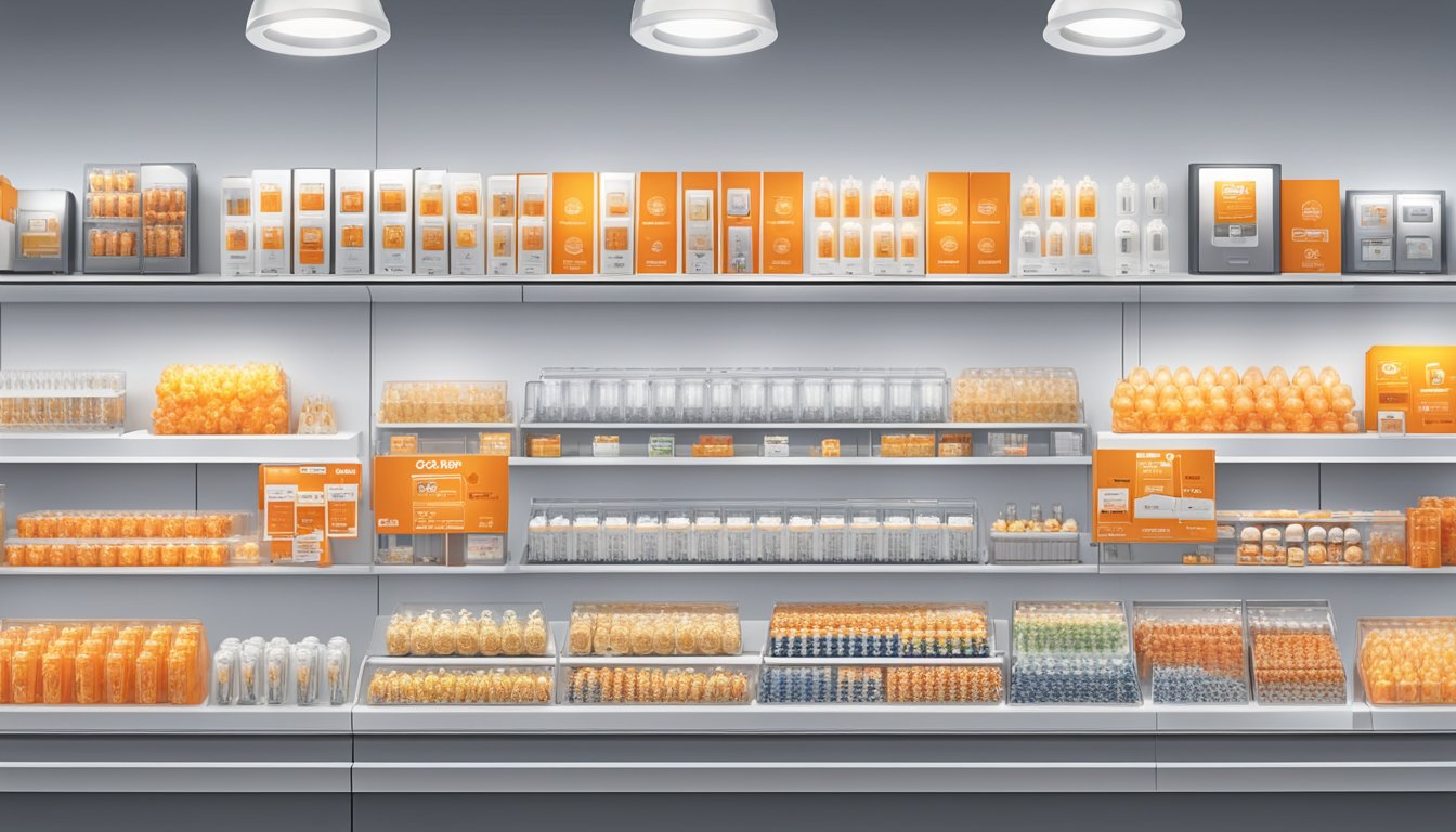 A brightly lit store display showcases Osram bulbs in various sizes and types, with clear signage indicating availability for purchase in Singapore