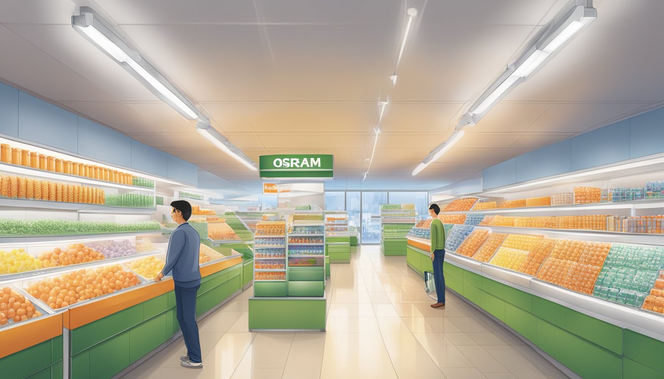 A brightly lit room with Osram bulbs, showcasing energy efficiency and long-lasting illumination. Visible packaging of Osram bulbs in a Singapore store