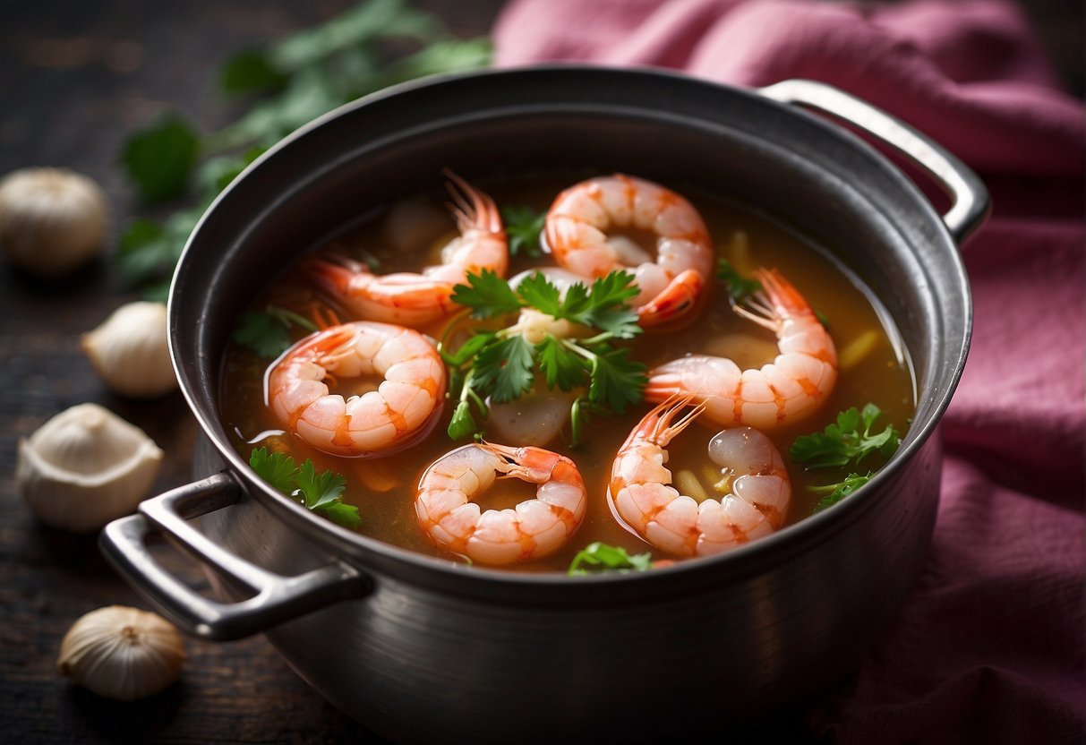 Plump prawns simmer in fragrant Chinese broth, infused with ginger, garlic, and soy. A delicate steam rises from the pot, as the prawns turn a vibrant pink