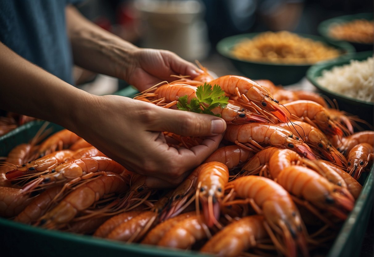 A hand reaches for fresh prawns, ginger, and soy sauce in a bustling Chinese market
