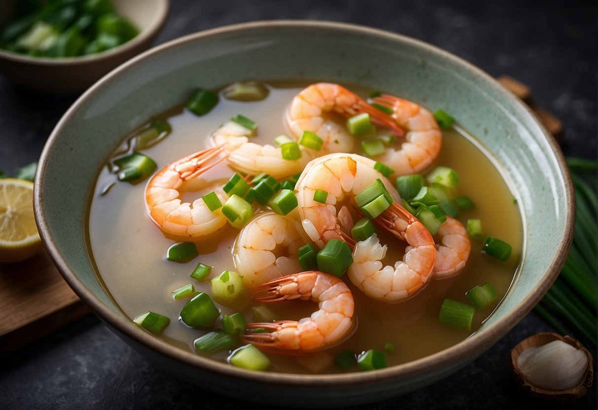 Prawns being gently lowered into a bubbling pot of fragrant broth, surrounded by ginger, garlic, and green onions