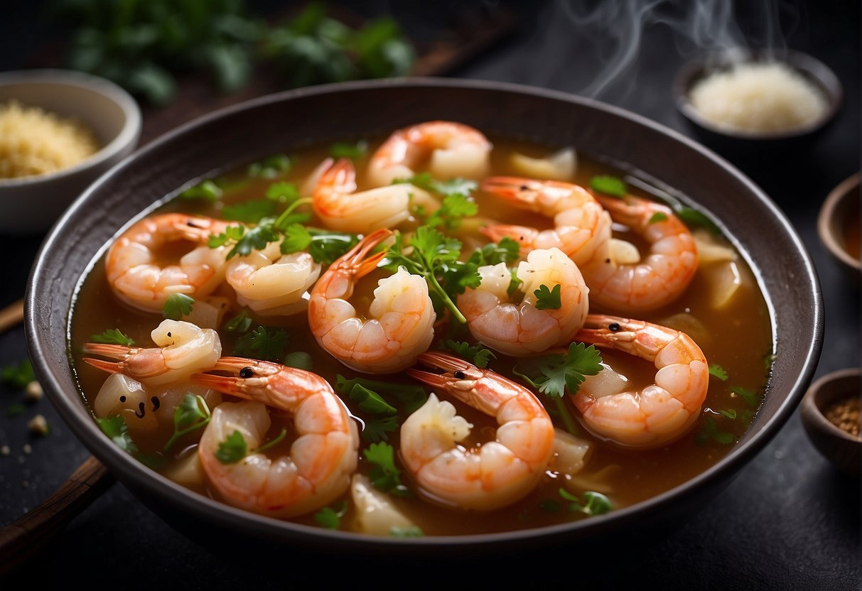 Prawns simmer in a fragrant broth with ginger, garlic, and soy sauce. The steam rises as they cook to perfection