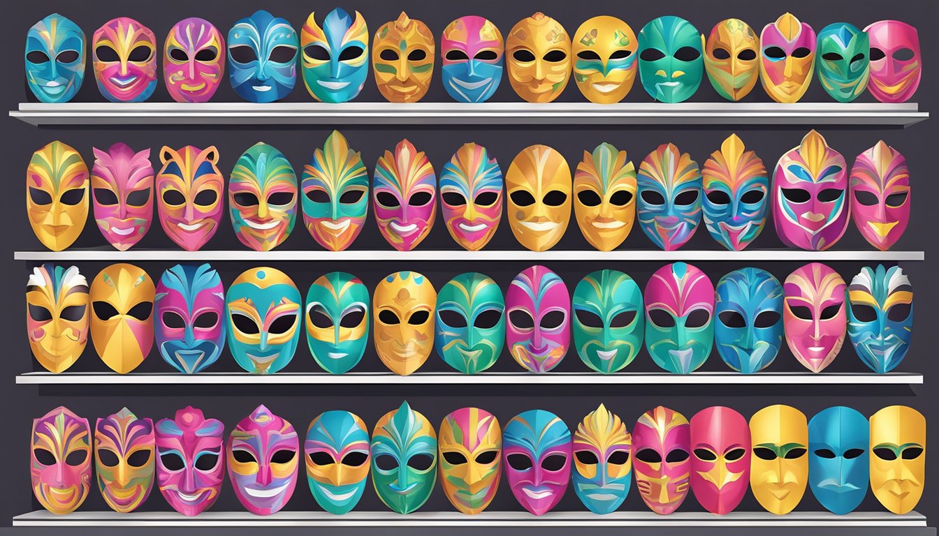 A display of colorful party masks arranged neatly on shelves in a Singapore store