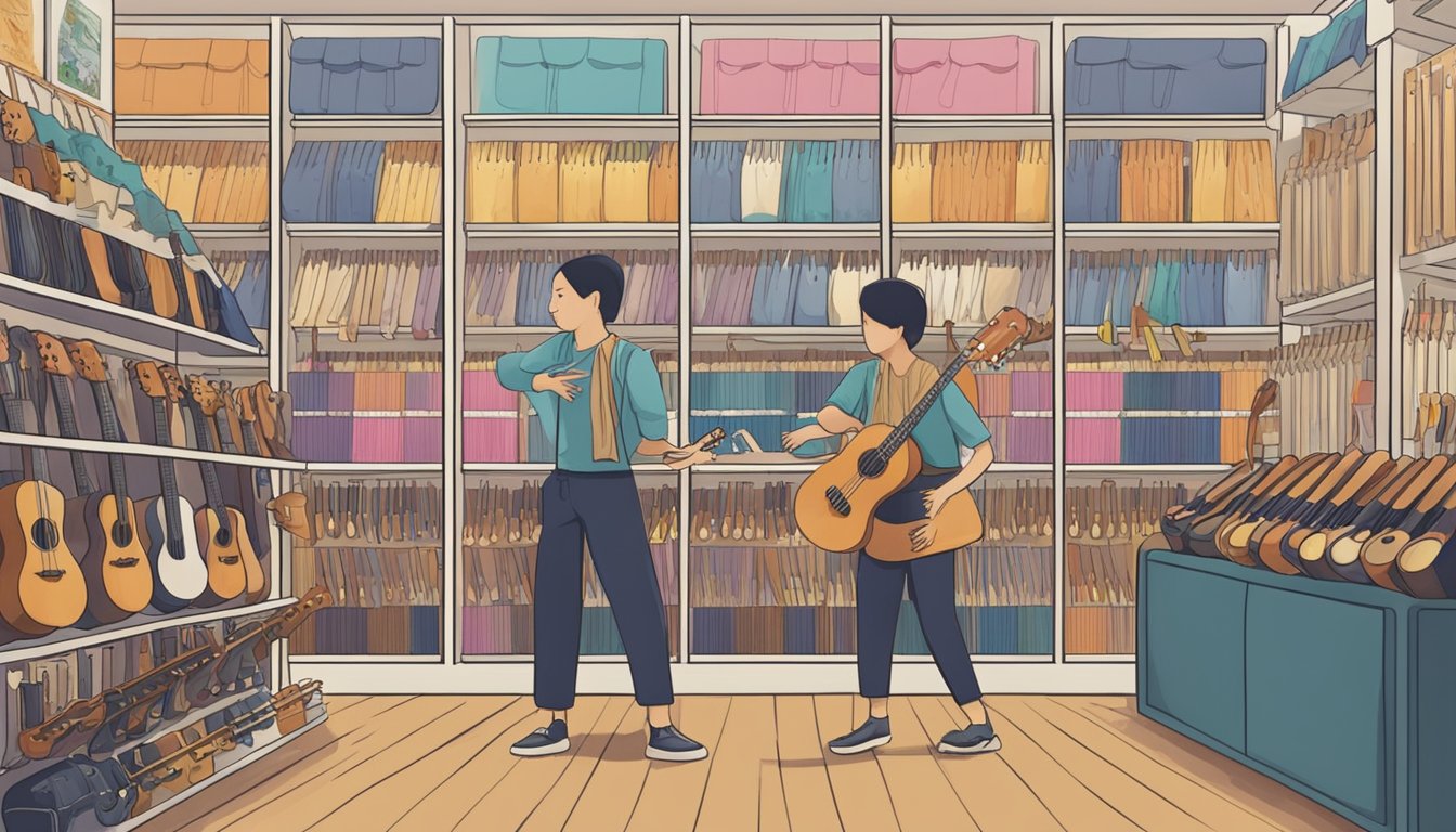A music store in Singapore sells ukuleles, with various sizes and colors displayed on shelves. Customers browse and try out instruments, while a salesperson assists them