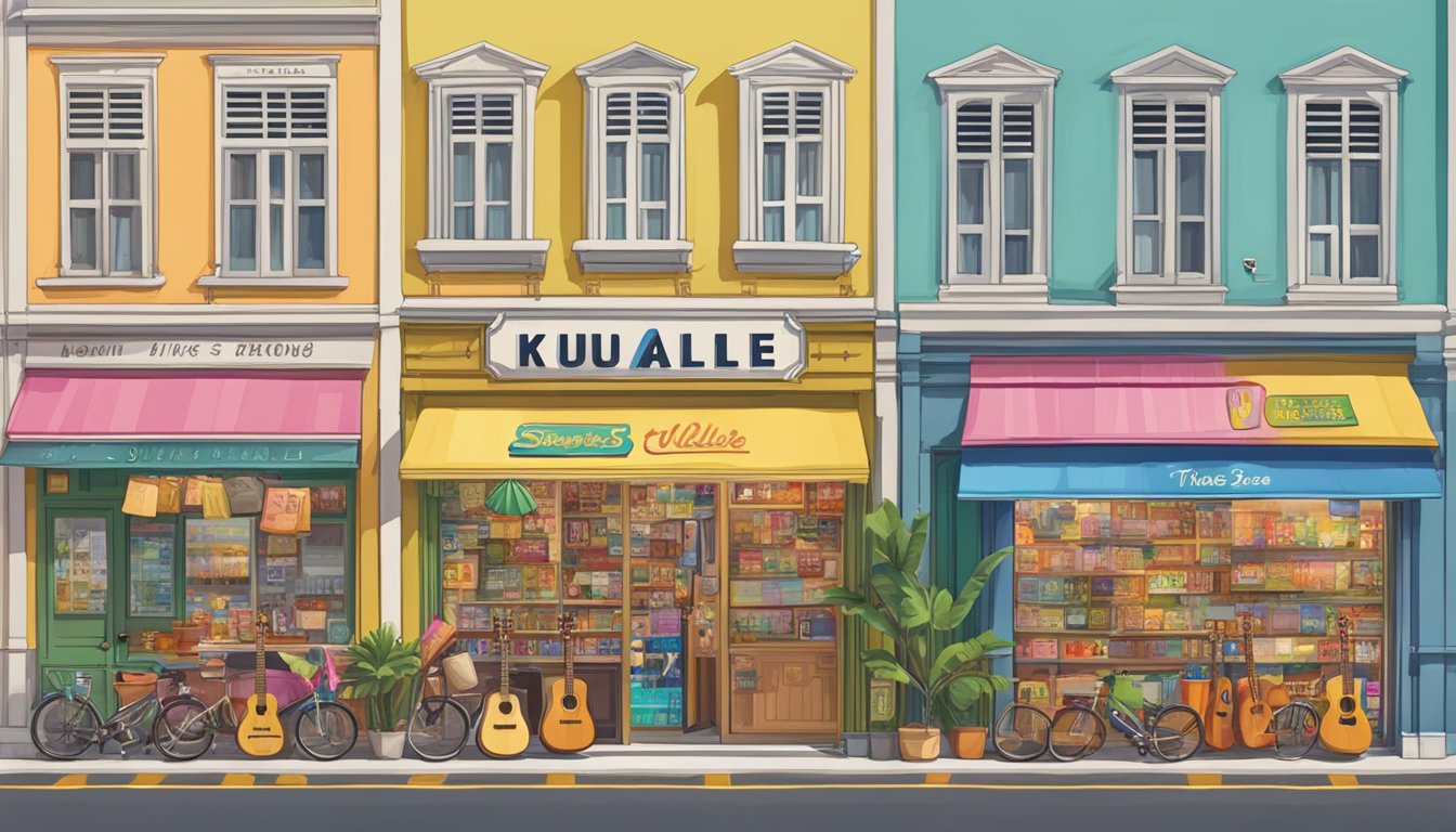 A bustling street in Singapore lined with colorful ukulele stores, each adorned with vibrant signs and displaying a variety of ukuleles in their windows