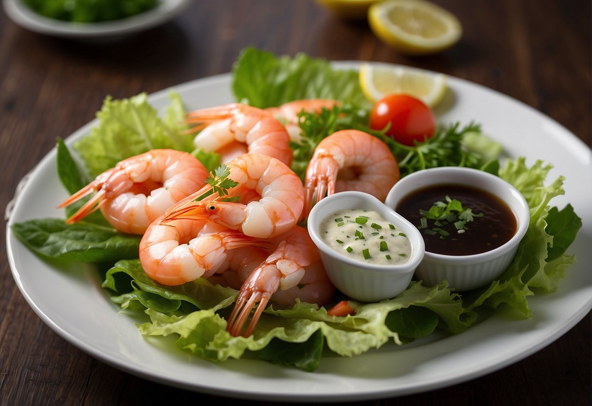 A platter of poached prawns is garnished with fresh herbs and placed on a bed of shredded lettuce, accompanied by a side of tangy soy dipping sauce