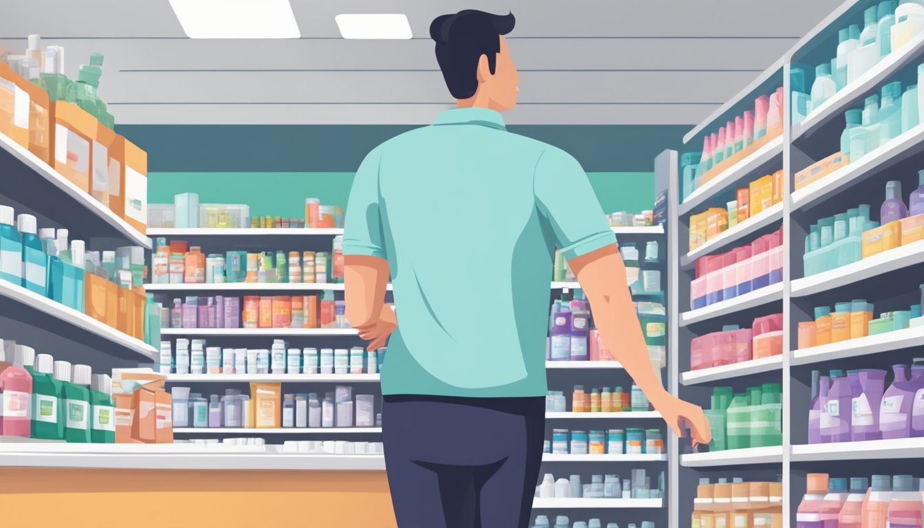 A person walks into a pharmacy in Singapore, picks up a Ventolin inhaler from the shelf, and brings it to the cashier to purchase