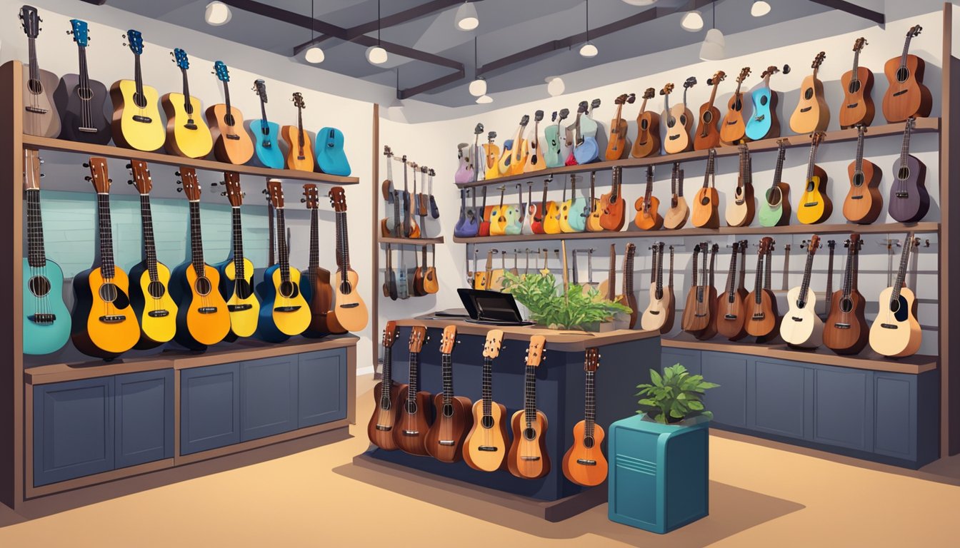 A music store in Singapore displays various ukuleles with price tags. Customers browse and ask staff about ukulele options