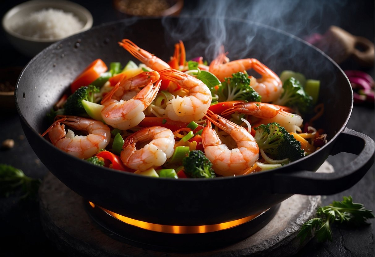 A steaming wok sizzles with plump, pink prawns coated in a fragrant Chinese sauce, surrounded by a colorful array of fresh vegetables and aromatic spices