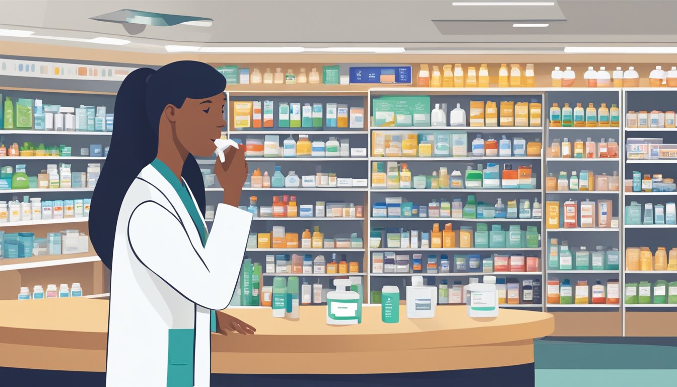 A person holding a Ventolin inhaler, standing in front of a pharmacy counter with various medication options displayed. A pharmacist is providing information about proper usage and potential side effects