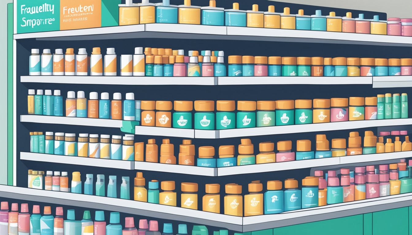 A pharmacy shelf stocked with Ventolin inhalers, with a sign reading "Frequently Asked Questions: Where to buy Ventolin in Singapore."