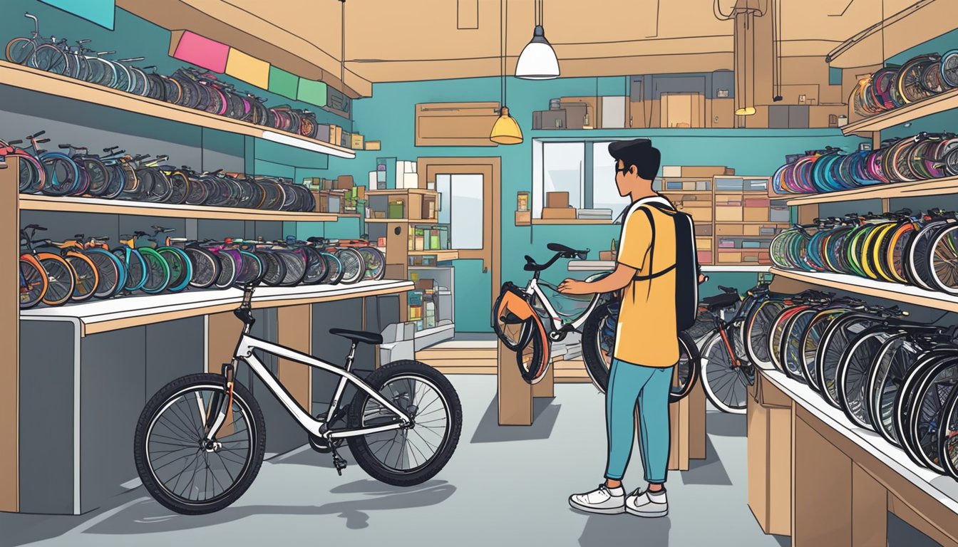 A bike shop in Singapore sells BMX bikes. Shelves display various models and colors. A salesperson assists a customer with a purchase