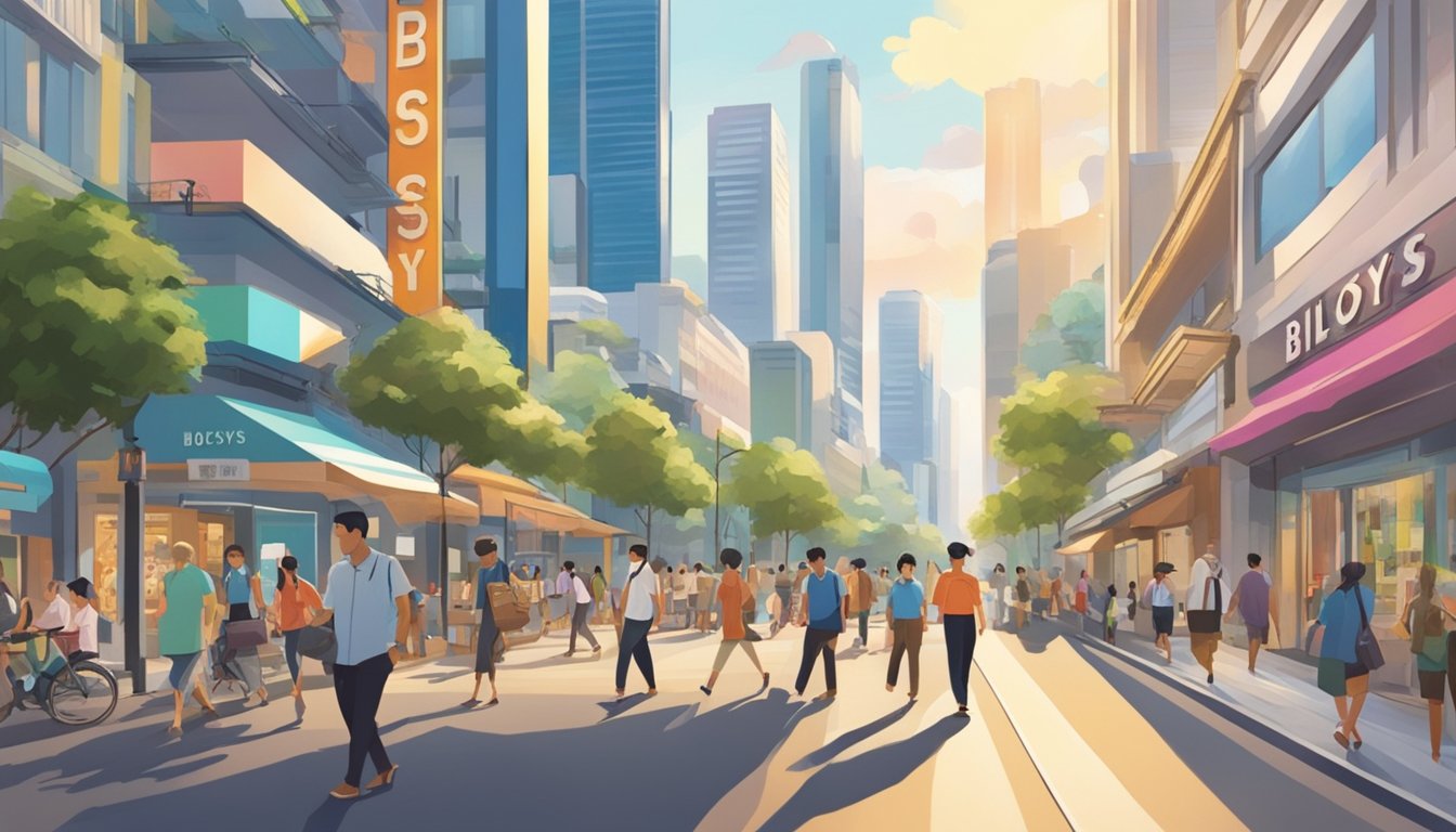 A bustling street in Singapore with vibrant storefronts and a prominent sign reading "Biosys" in bold letters. Pedestrians walk by, and the sun shines down on the busy scene