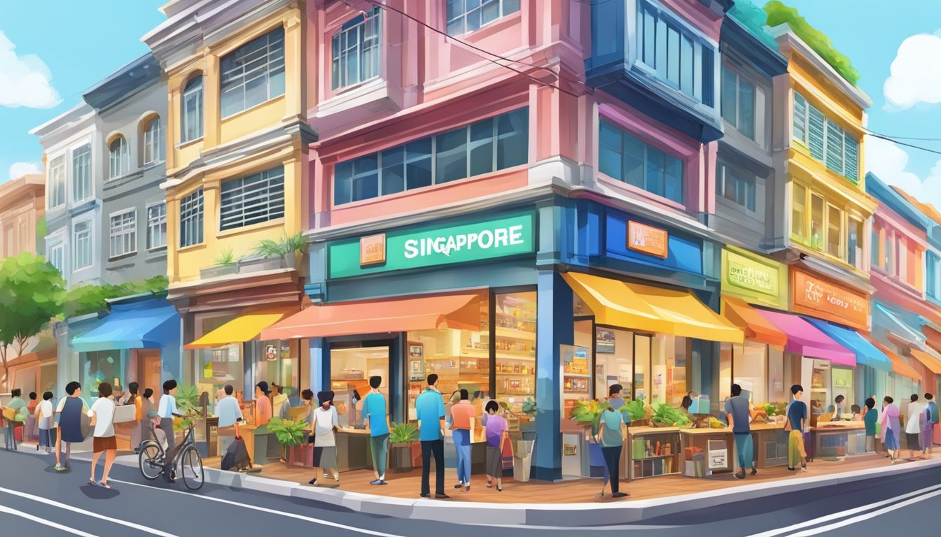A bustling Singapore street with a vibrant Biosys store front, surrounded by eager customers and colorful signage