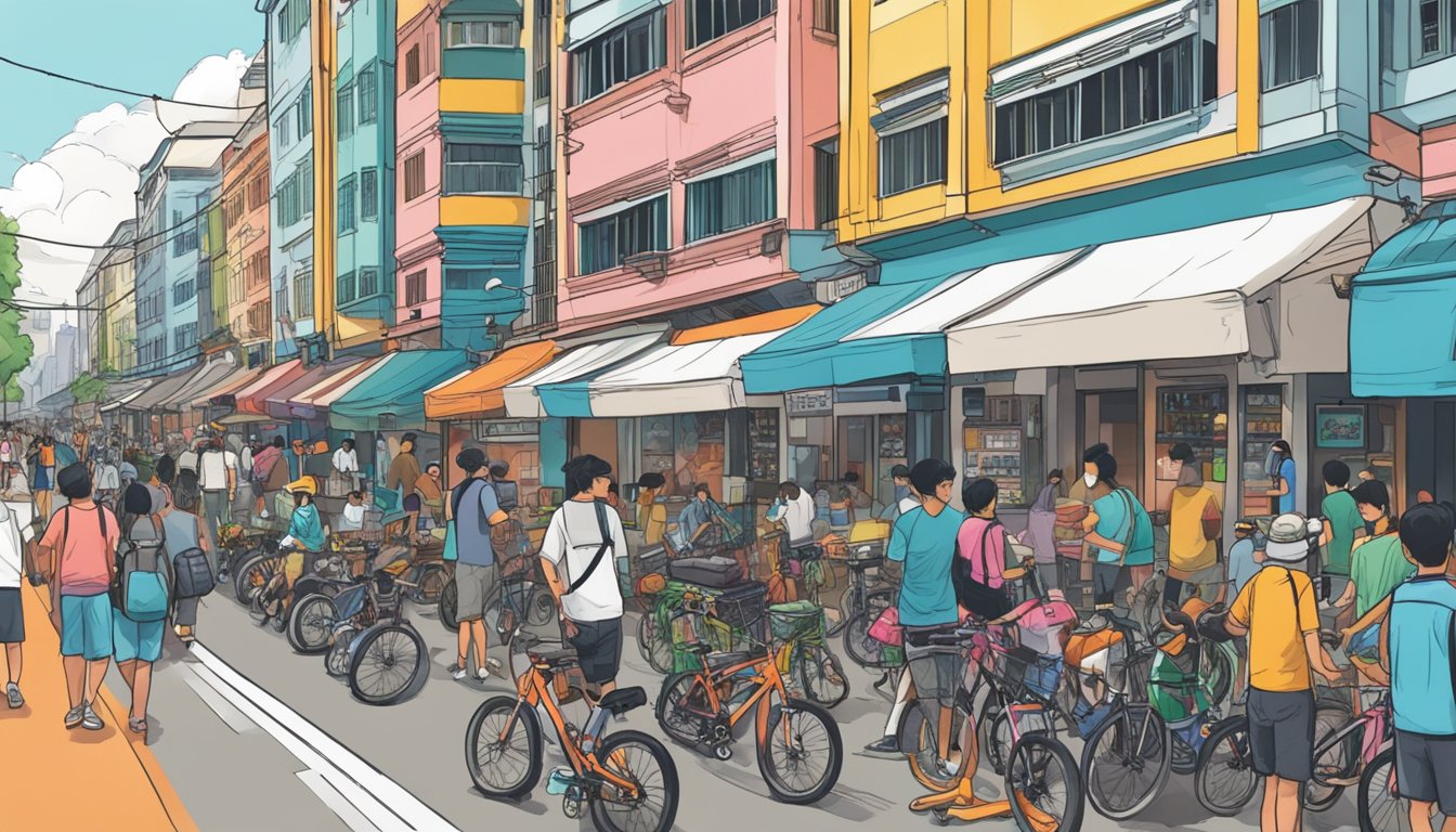 A bustling street in Singapore, lined with colorful storefronts displaying BMX bikes and gear. Customers browse the latest models and accessories, while shop owners chat with enthusiasts