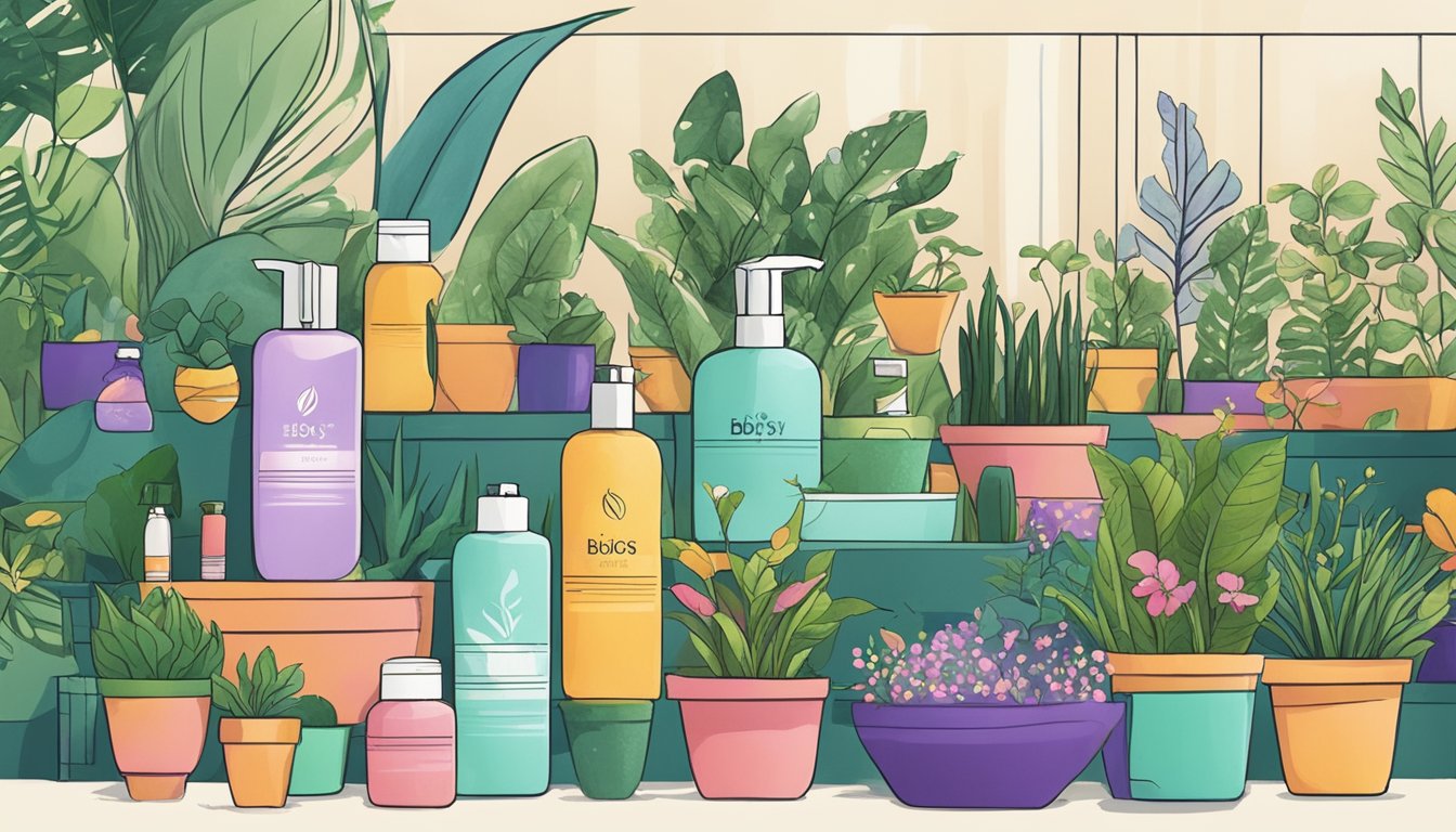 A vibrant garden with lush, healthy plants and flowers, surrounded by glowing hair care products. The Biosys logo prominently displayed