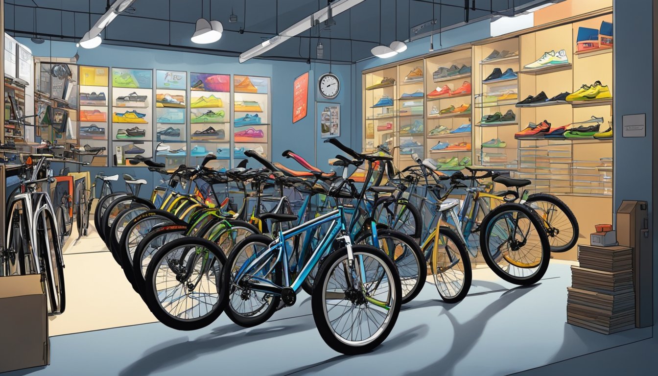 A bicycle shop in Singapore displays various BMX bikes with price tags, while customers browse and ask questions to the staff