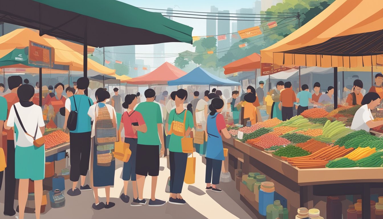 A bustling outdoor market stall in Singapore displays various bottles of budu, a popular local fish sauce, with colorful signage and a crowd of customers browsing the selection