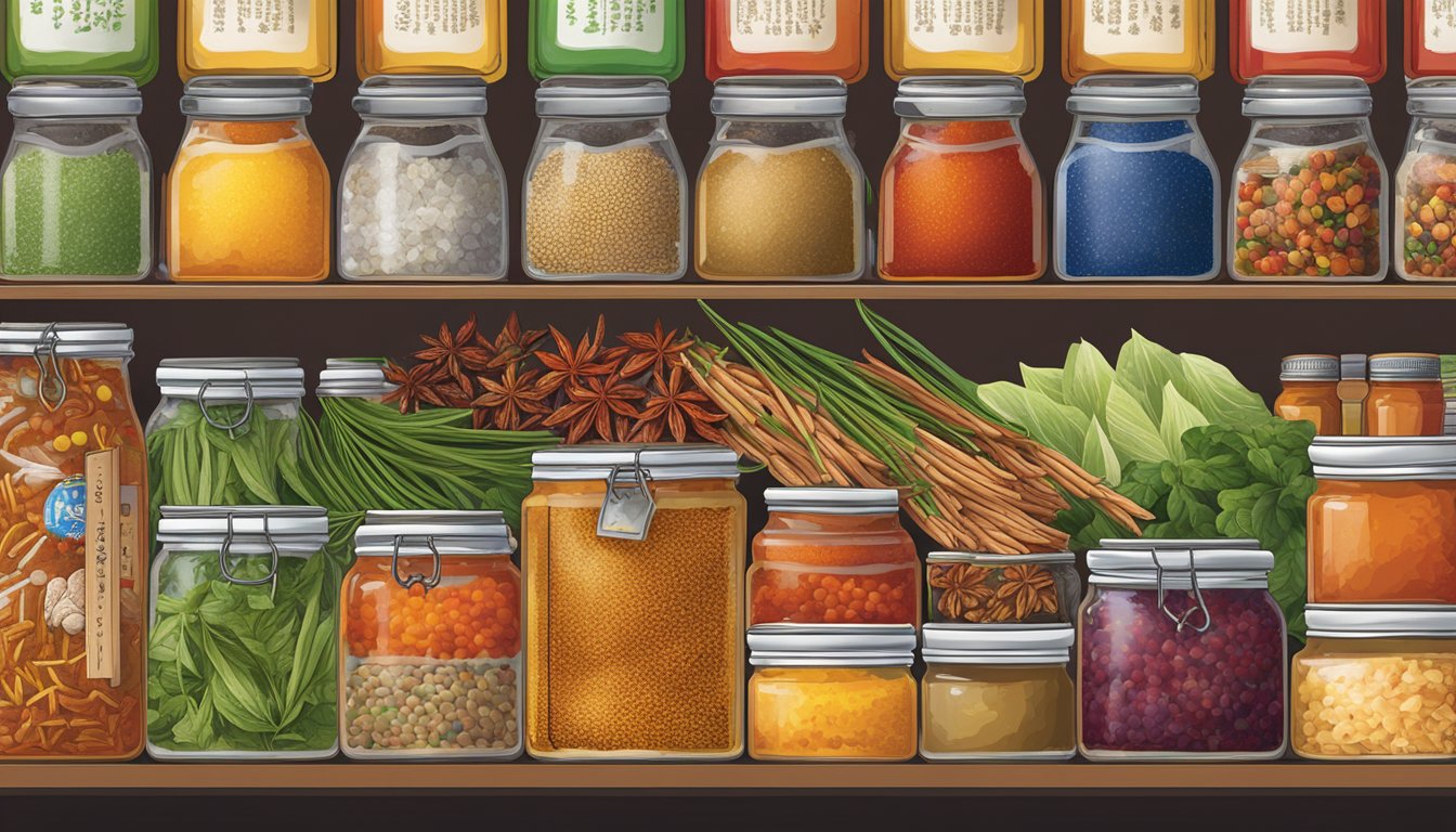 A bustling Singapore market stall displays jars of Budu, a traditional fish sauce, amidst colorful spices and condiments