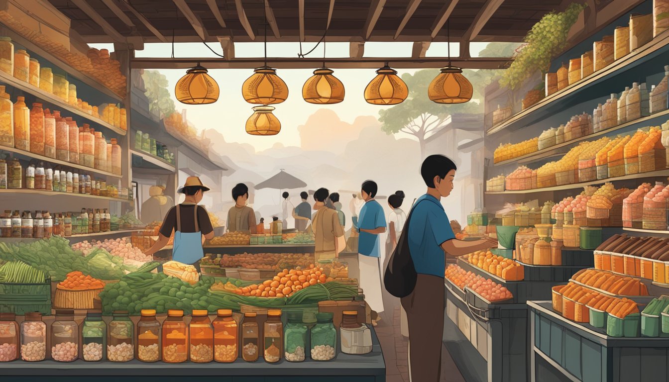 A bustling market stall displays rows of bottled budu, with customers browsing and purchasing the traditional fish sauce. The vendor stands ready to assist