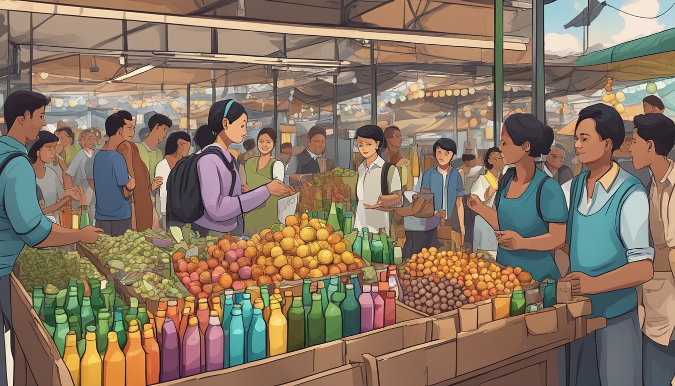 A bustling market stall with colorful bottles of budu on display, surrounded by curious customers asking the vendor about the product