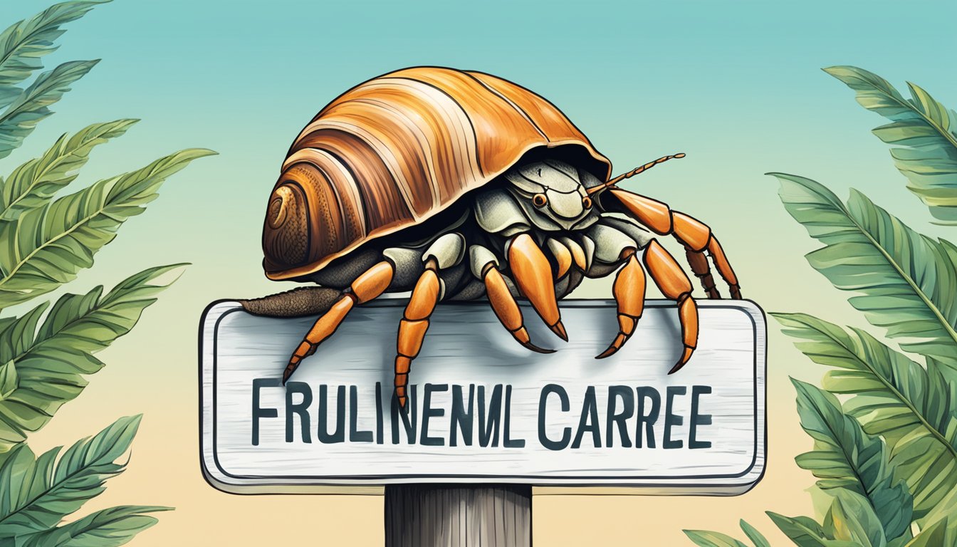 A hermit crab climbs over a sign that reads "Frequently Asked Questions buy hermit crab singapore."
