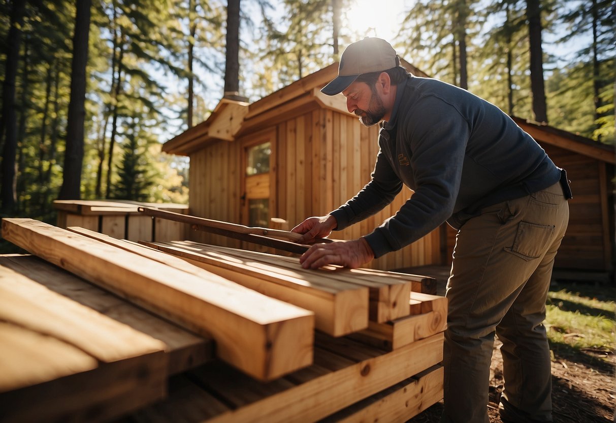 A person measures and cuts wood to build a simple outdoor sauna. They gather materials and plan the layout on a sunny day