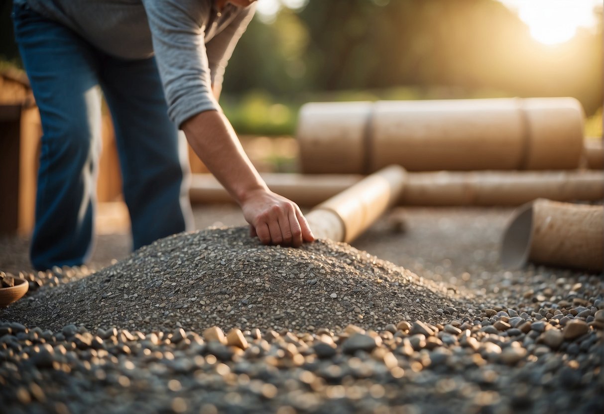 A person laying gravel and leveling the ground for a DIY outdoor sauna