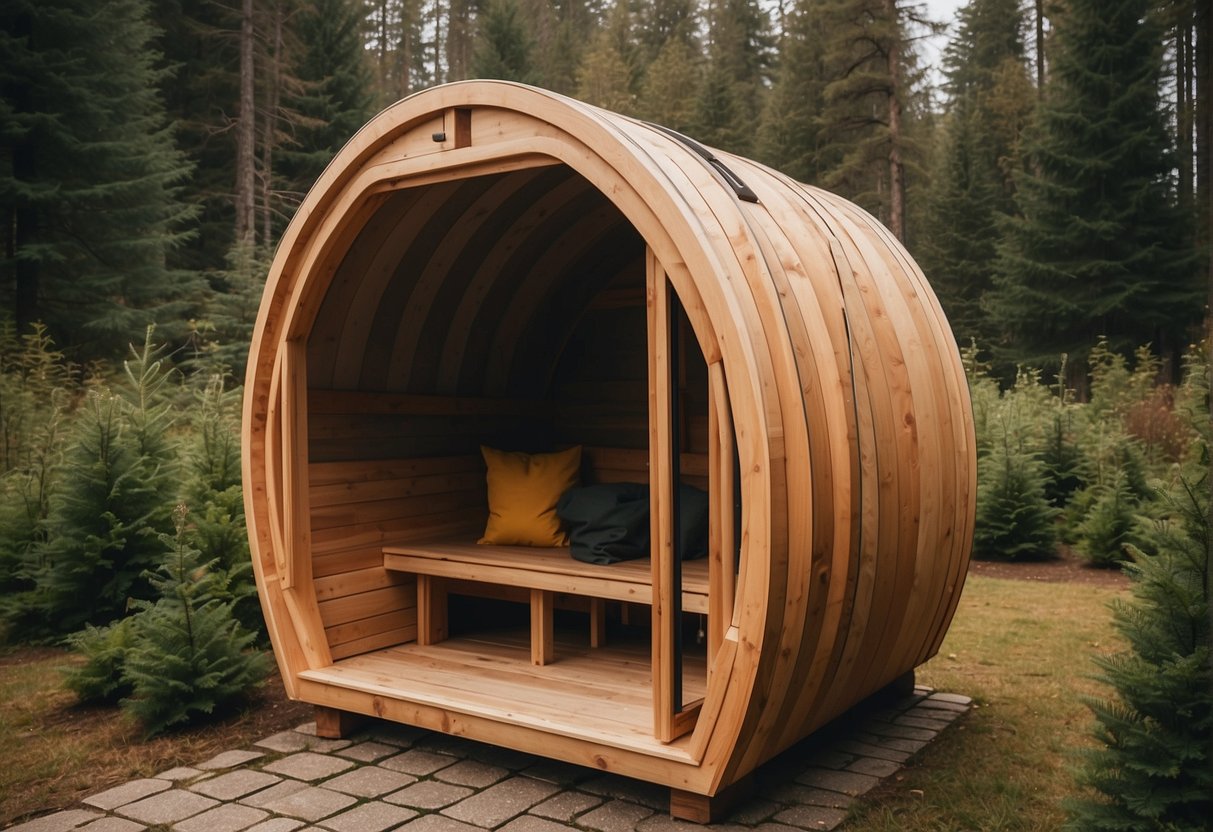 A person constructs a simple outdoor sauna using affordable materials like wood, tarp, and insulation. The frame takes shape with precise measurements and sturdy construction