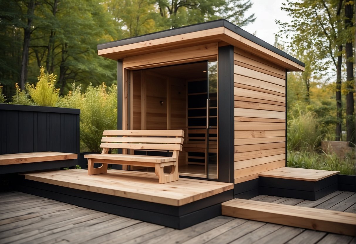 A wooden outdoor sauna being constructed with inexpensive materials and finishing touches being added to the interior