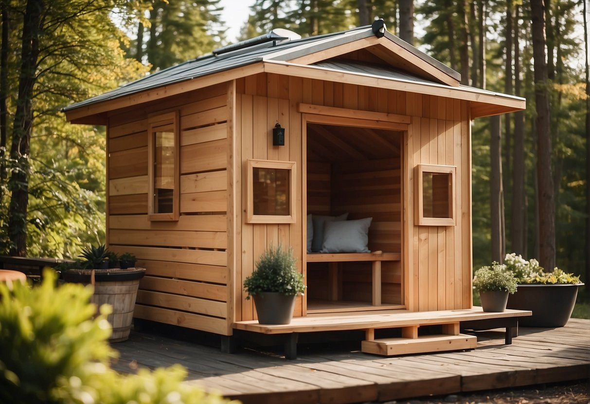 A wooden outdoor sauna being constructed with affordable materials and a simple design