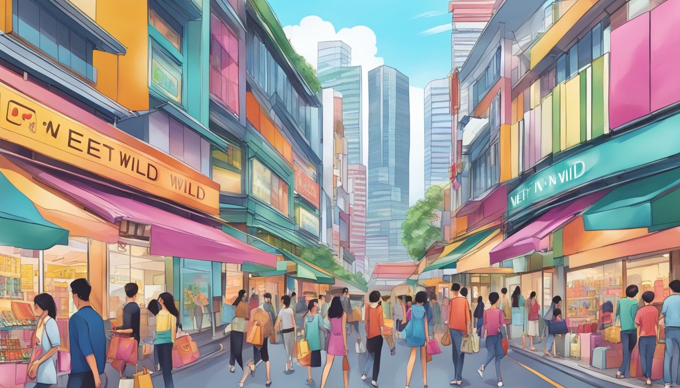 A busy shopping street in Singapore, with colorful storefronts and a prominent sign reading "Wet n Wild" among other beauty and cosmetic stores