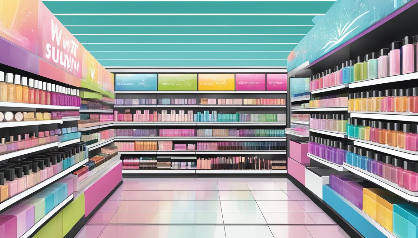 A display of Wet n Wild cosmetics in a Singaporean store, with vibrant packaging and various beauty products neatly arranged on shelves