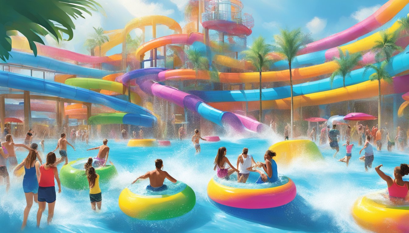 Guests enjoying the Wet n Wild experience, surrounded by vibrant colors and splashing water. The atmosphere is lively and full of energy