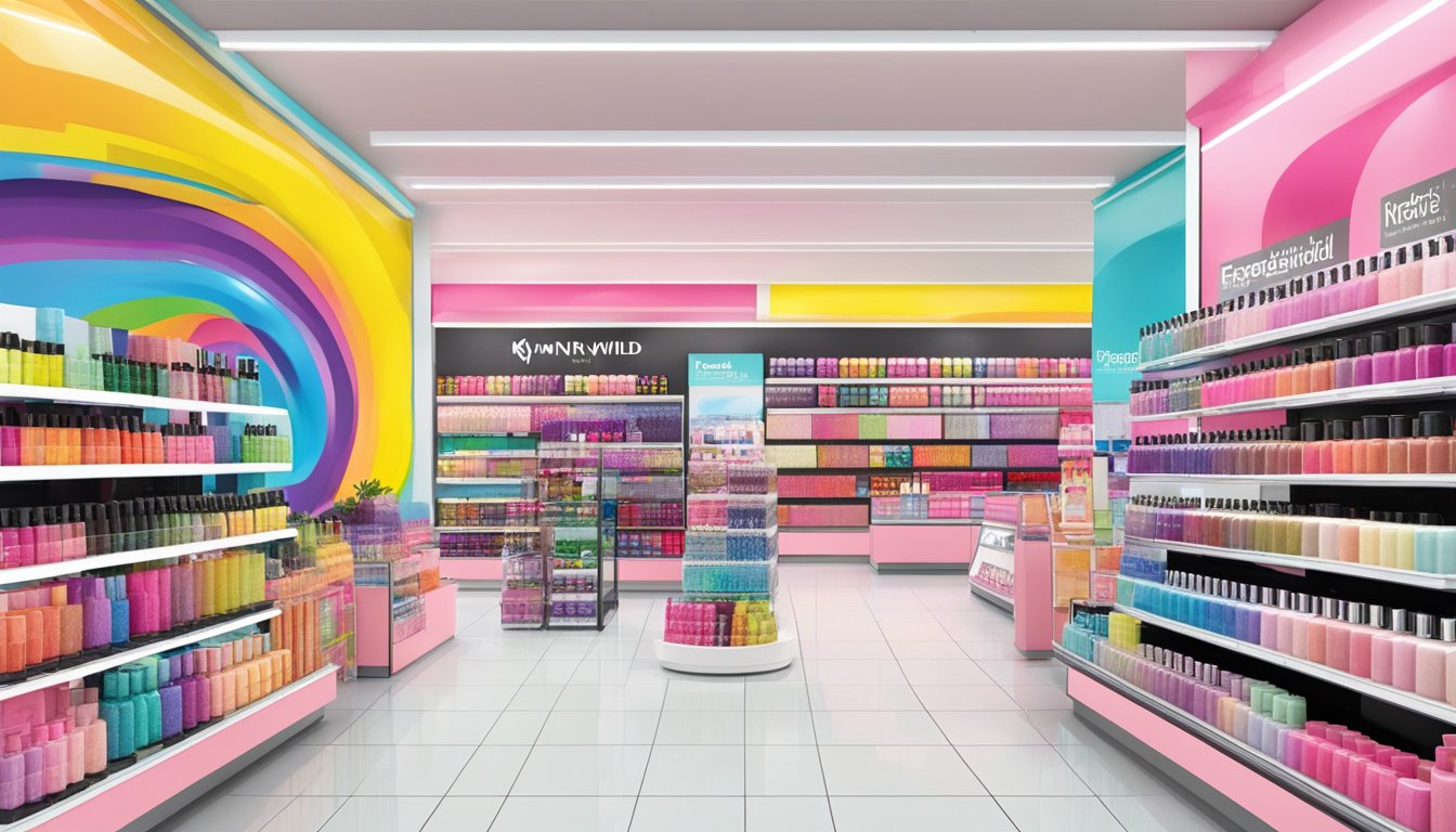 A colorful display of wet n wild products in a Singaporean store, with a prominent "Frequently Asked Questions" sign