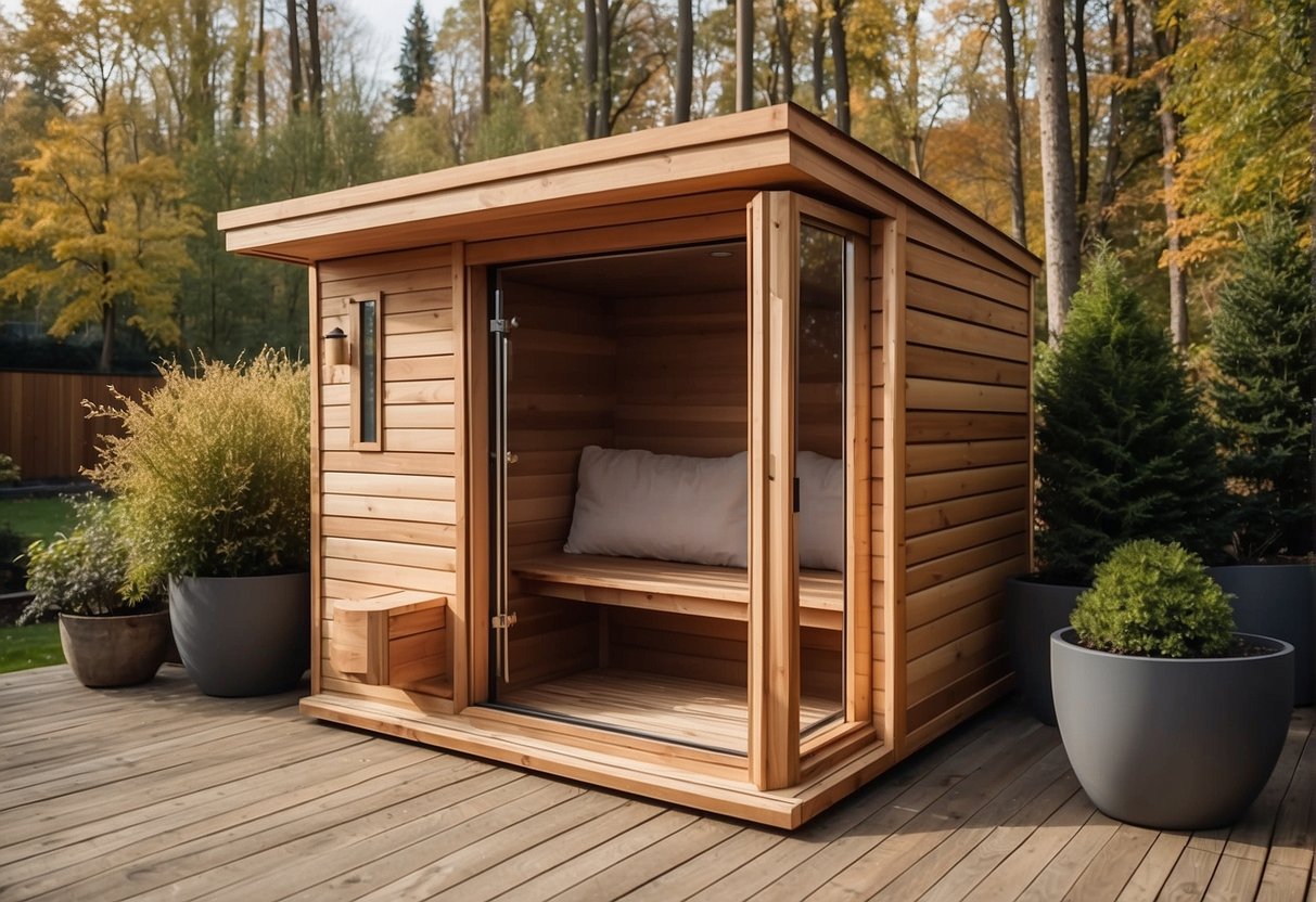 A simple outdoor sauna with proper ventilation and safety features, built using affordable materials and techniques